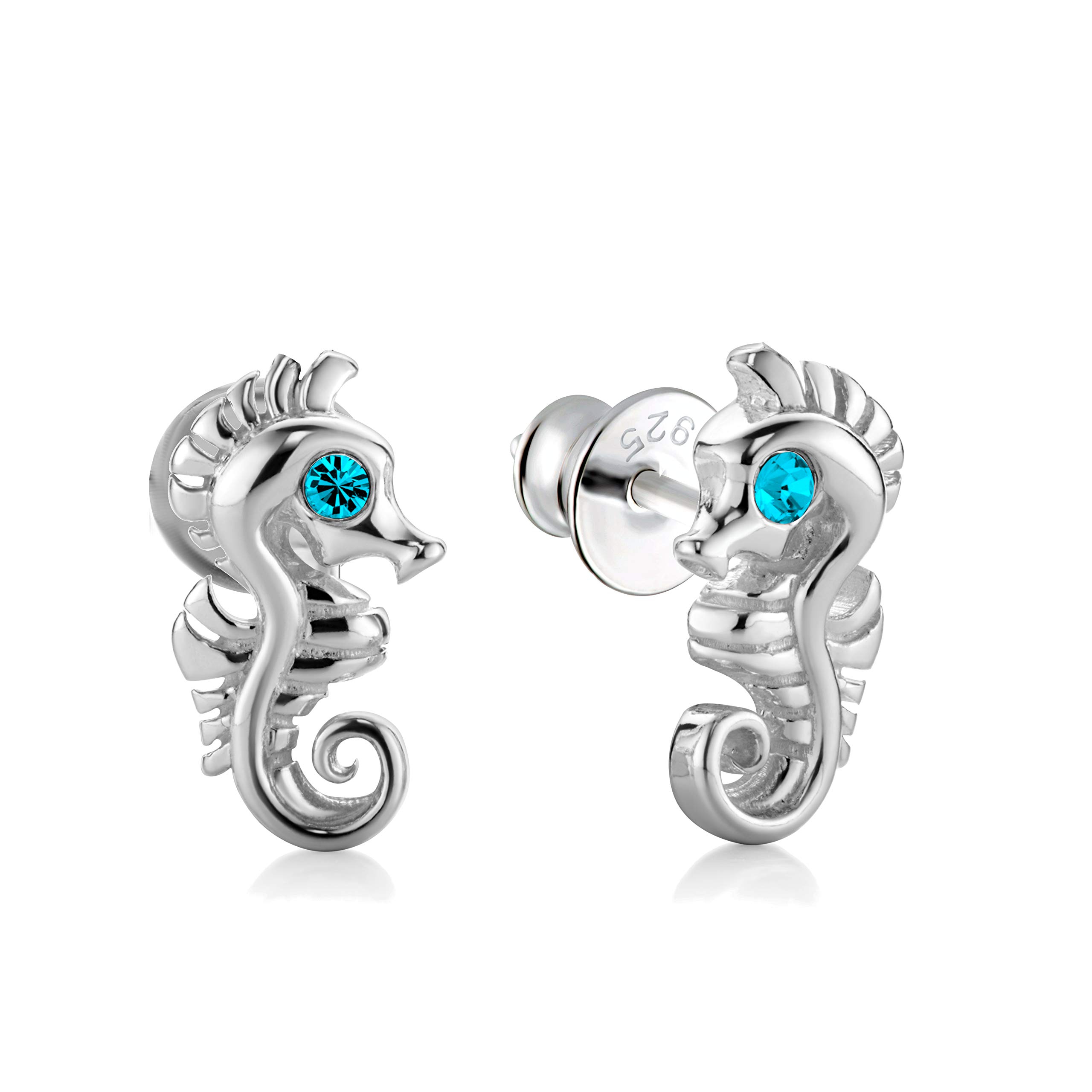 Butterfly Sterling Silver Childrens Stud Earrings With Seahorse Design And Sparkling Crystal
