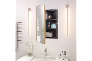 Fundin Plastic Medicine Cabinet, Beveled Edge Mirror Door with Round Corner Metal Frame, Recessed and Surface Mount Bathroom 