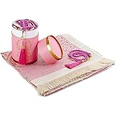 ihvan online Muslim Prayer Rug and Prayer Beads with Elegant Design Cylinder Gift Box, Janamaz, Soft Sajadah, Islamic Gifts Set, Portable Prayers Carpet Mat, Taffeta Fabric, Pink