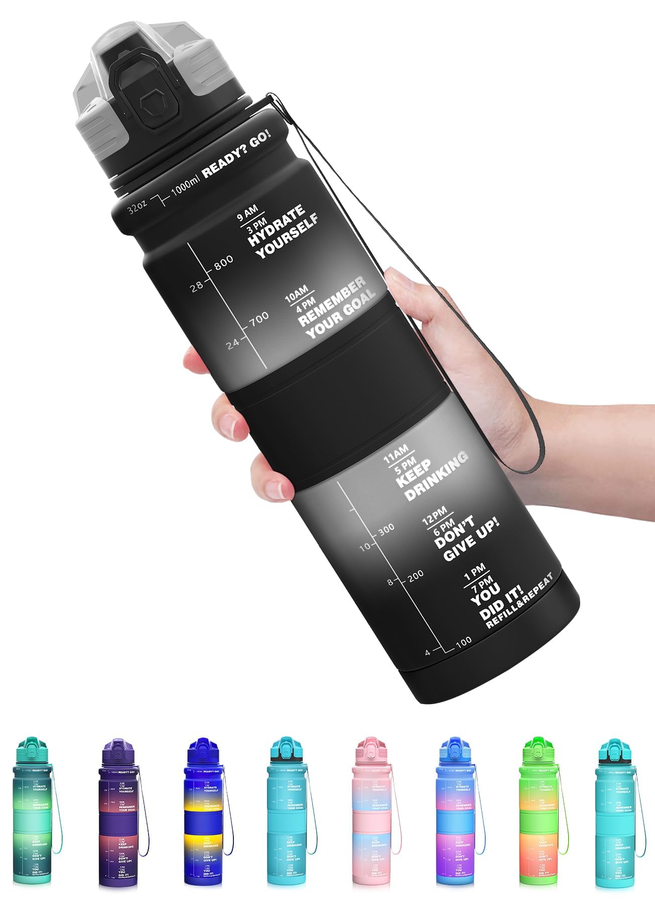 Coolfel 500ml/1l Water Bottles, Motivational Water Bottle with Time Markings, BPA Free Leakproof Sports Drinks Bottle Time Marked Daily for Gym Running Fitness