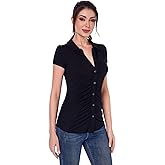 AmélieBoutik Women Collar V Neck Front Pleated Slim Fitted Ruched Short-Sleeved Button Down Shirt