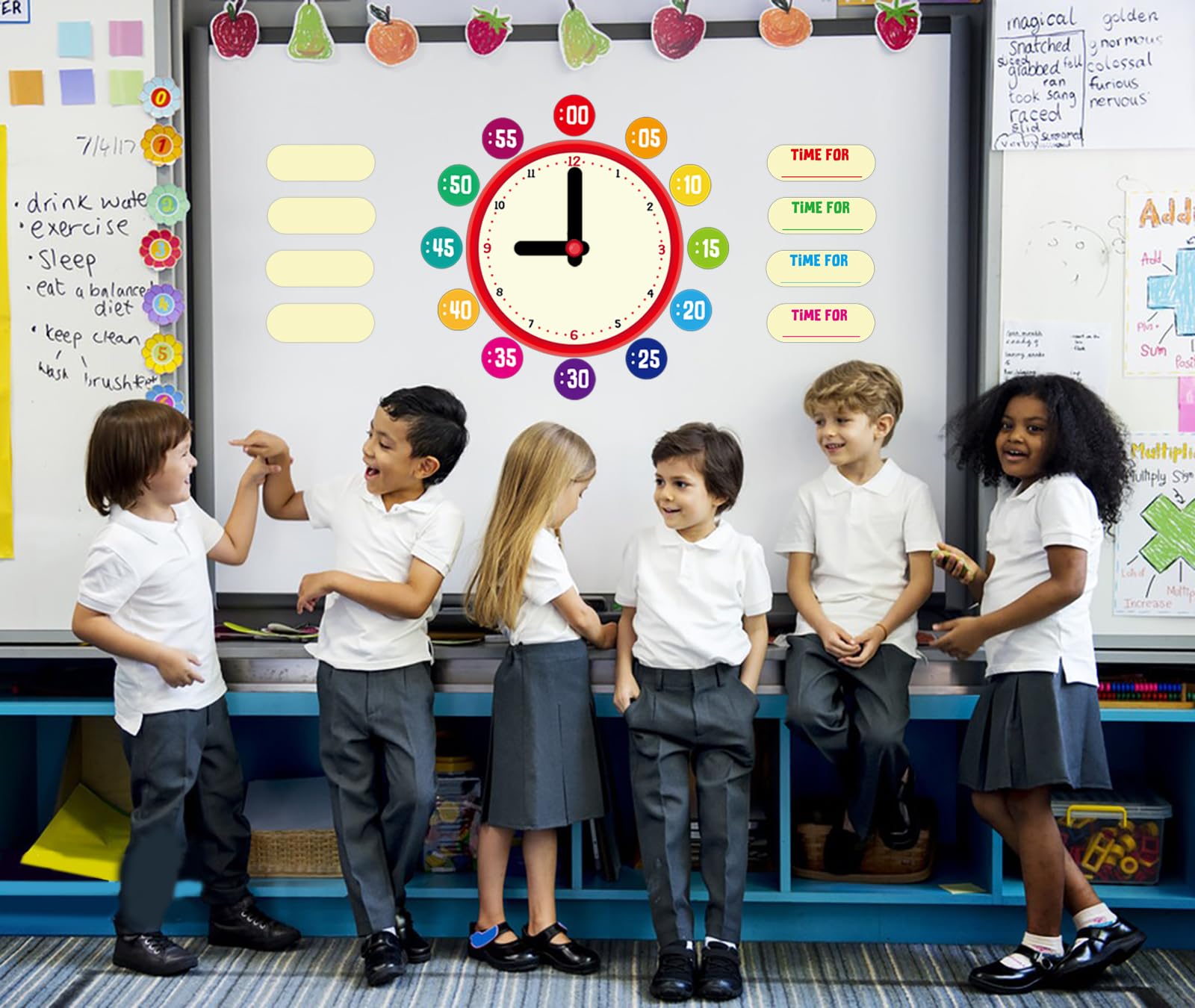 D24TIME 34Pcs Telling Time Bulletin Board Set Decoration Clock for Kids Learning to Tell Time Telling Time Teaching Practice Clock for Elementary Preschool Classroom Supplies Teachers Back to School