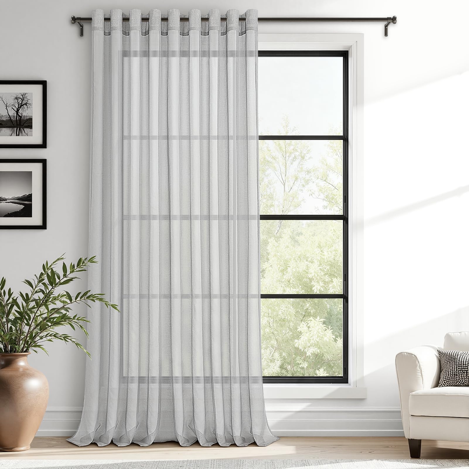 MRTREES Voile Curtain 90 Inch Drop 1 Panel Faux Linen Eyelet Sheer Curtain Panel for Bedroom Living Room Patio Door 90x90 Inch Drop 228cm x 228cm Grey