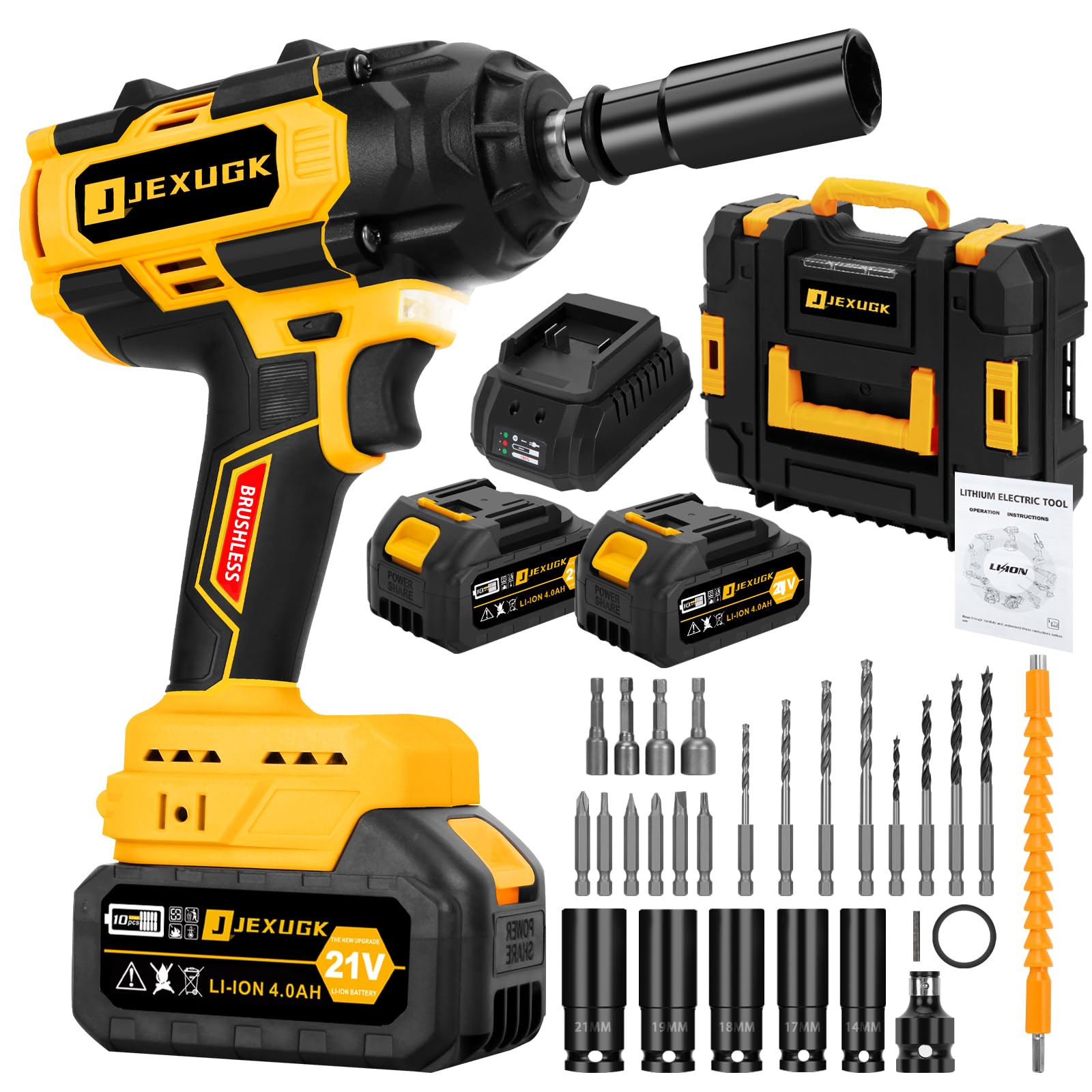 Photo 1 of JEXUGK 850N.m Cordless Impact Wrench Set, 1/2 inch 640Ft-lbs 21V Brushless Impact Gun, Llave De Impacto w/ 2 x 4.0Ah Battery, Charger, 5 Sockets, Kit Pistola De Impacto for Car Home