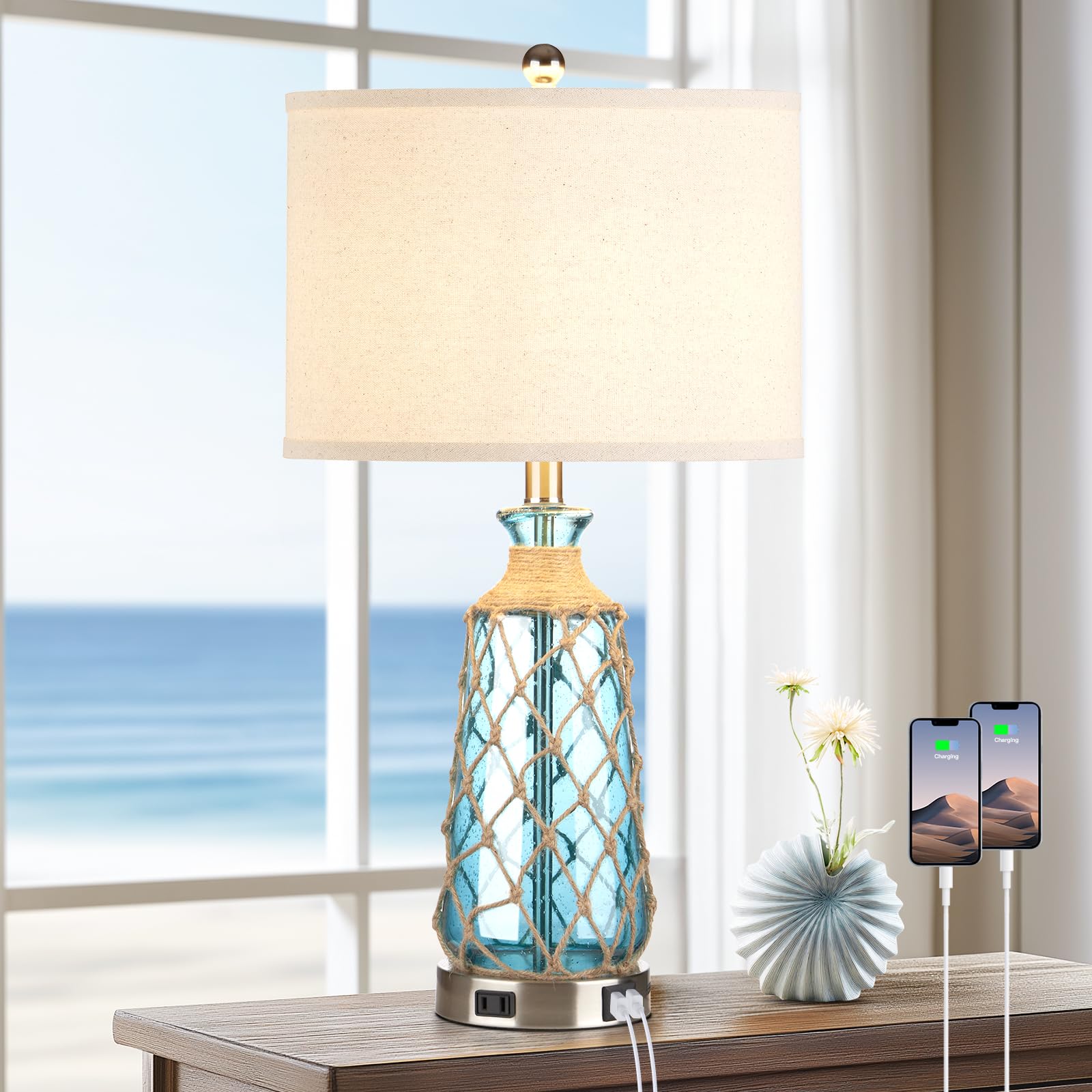 Photo 1 of ***DAMAGED - SEE NOTES/PICTURES***Ruzectt Coastal Glass Table Lamps, 3-Way Dimmable Touch Control Bedside Lamps with 2 USB Ports and AC Outlet, Teal Nautical Nightstand Lamps for Bedroom Living Room (LED Bulbs Included)