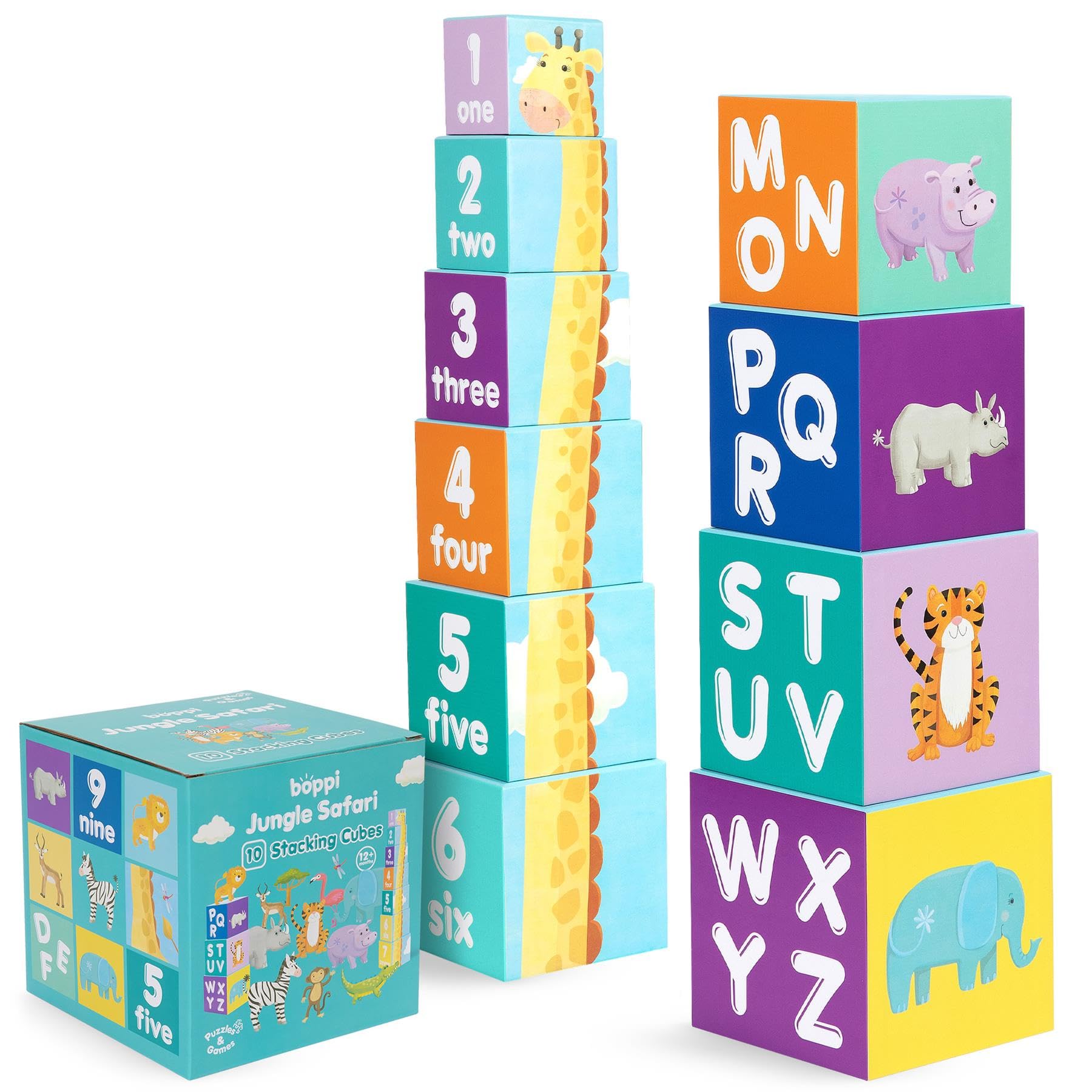 Boppi Stacking Blocks Jungle Safari Animal Toddler Toys with Letters and Numbers, Montessori/Educational Toy Cubes for Toddlers, Preschool Learning