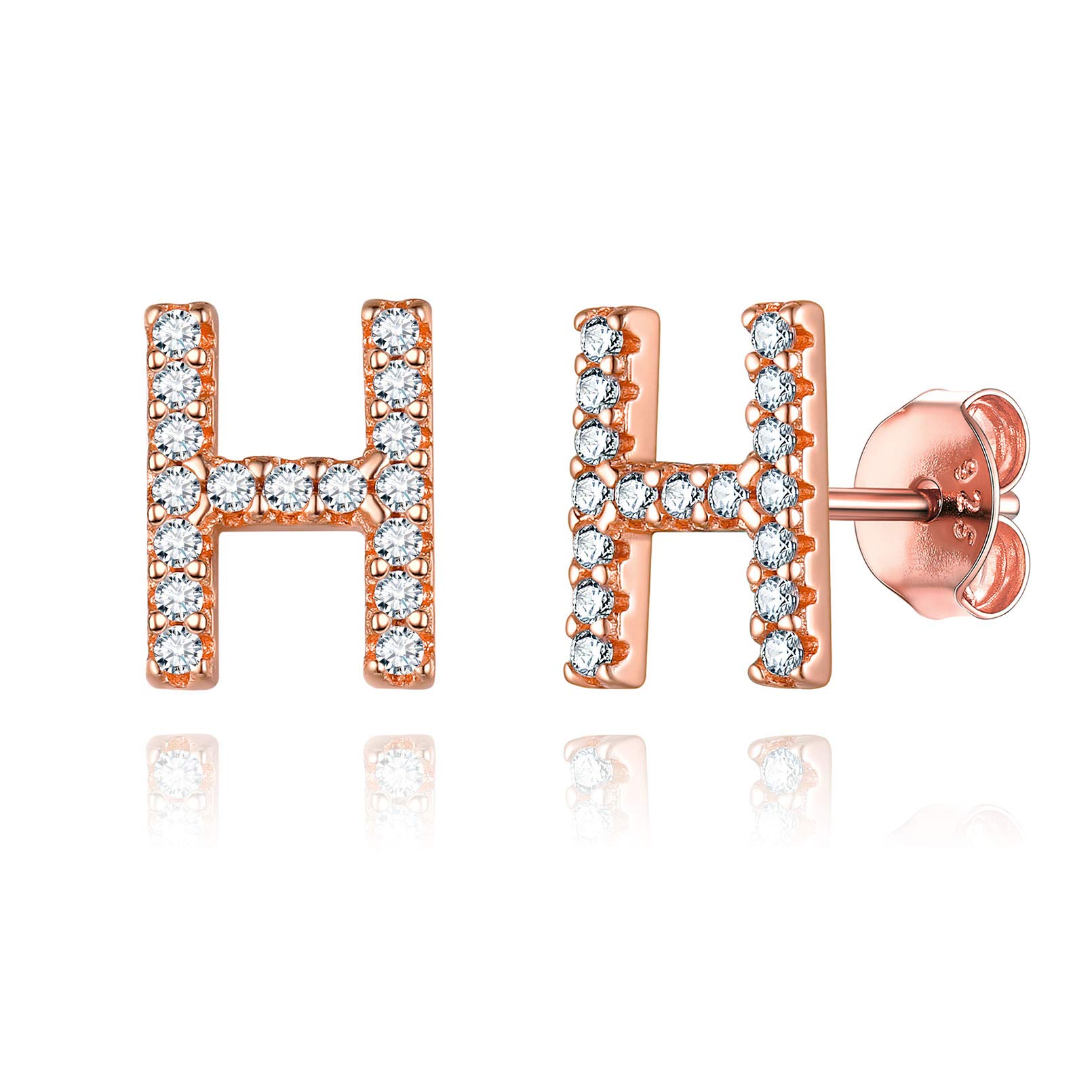 ChicSilver Tiny CZ Stud Earrings Rose Gold Initial H Earring Fits Womens Sensitive Ears Monogram Jewelry