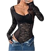 SweatyRocks Women's Lace Long Sleeve Bodysuit Tops Corset Sheer Mesh Leotard Body Suits