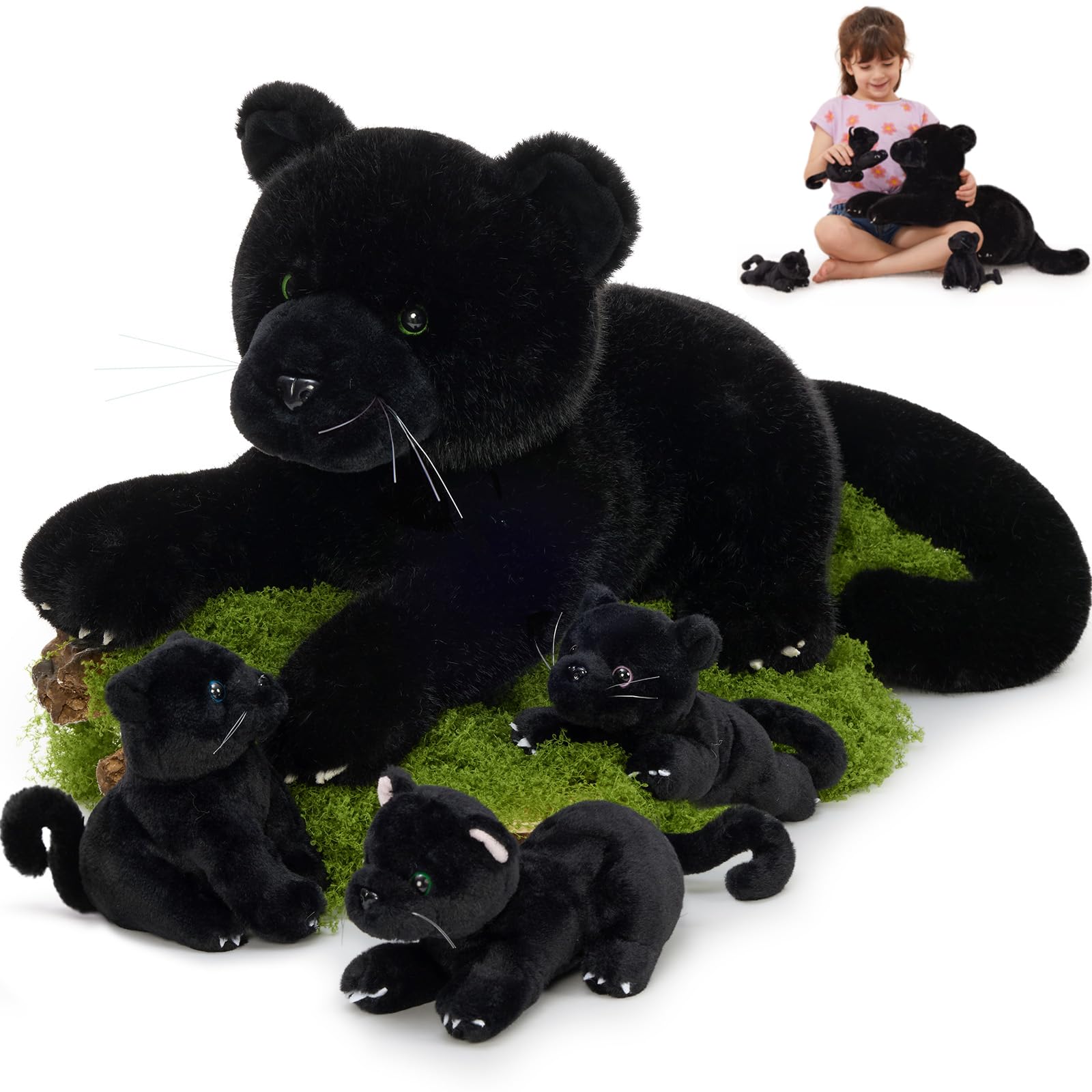 Photo 1 of MorisMos Black Plush Panther Stuffed Animal with Babies,18'' Big Mama and Baby Stuffed Panther Toys for Kids Girls Boys, 4 Packs Black Jaguar Animals, Cute Leopard Toys for Kids