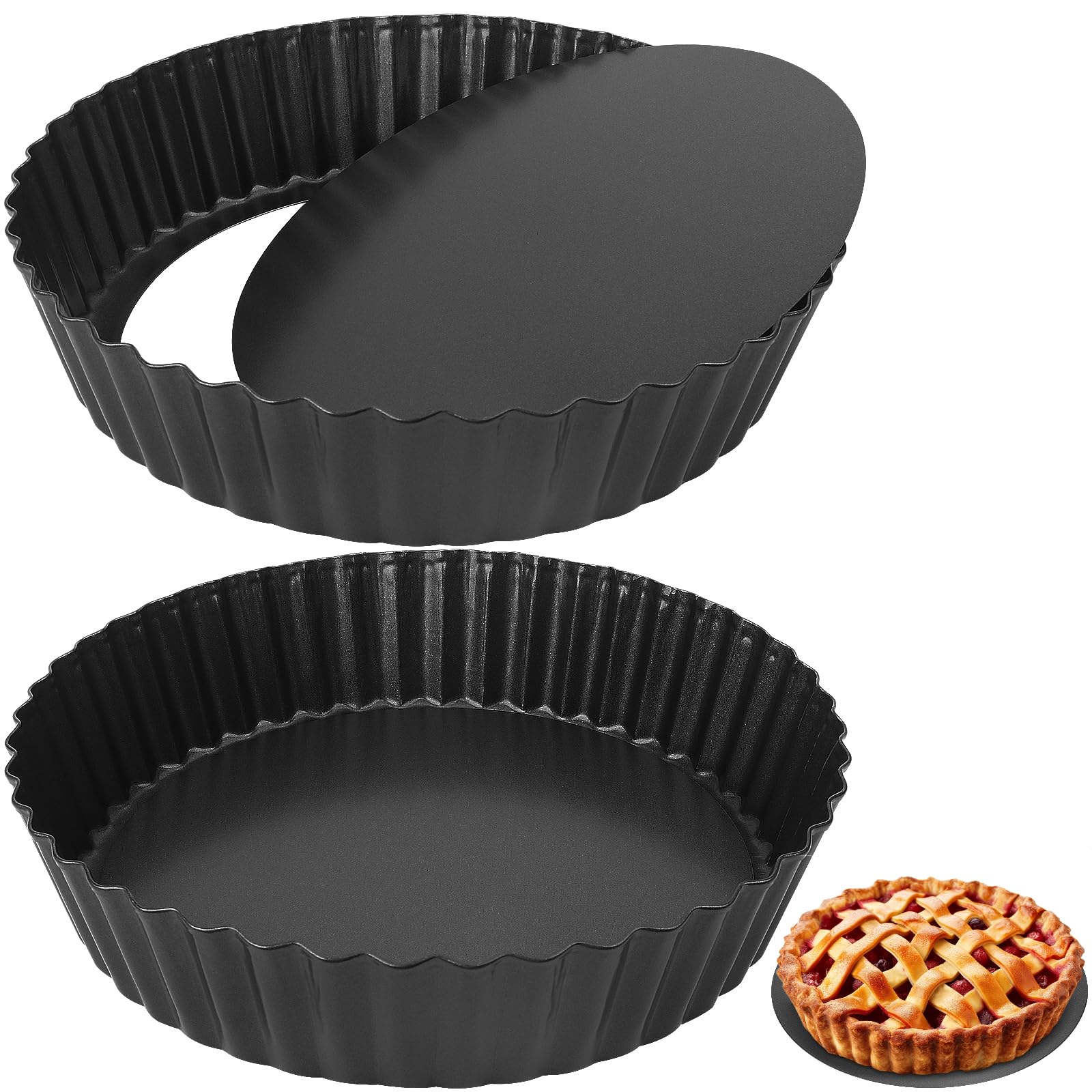 Abaigeal 2 Pcs Pie Dish with Nonstick Coating, 9 Inch Cake Tin with Removable Bottom Round Carbon Steel Tart Tins，24 cm Fluted Round Tart Quiche Pie Pans, Carbon Steel Baking Pan Dish