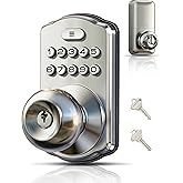 Veise KS03 Keypad Door Knob, Keyless Entry Lock with Handle, Satin Nickel | Electronic Backlit Keypad for Front Door &amp; Bedroom, Auto Lock, Passage Mode, One-Time Code, Low Battery Alert, Easy Install