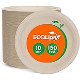 ECOLipak Paper Plates 10 Inch, 150 Pack Compostable Heavy Duty Disposable Biodegradable Sugarcane Bagasse Eco Friendly Paper Plates for Thanksgiving Party Dinner