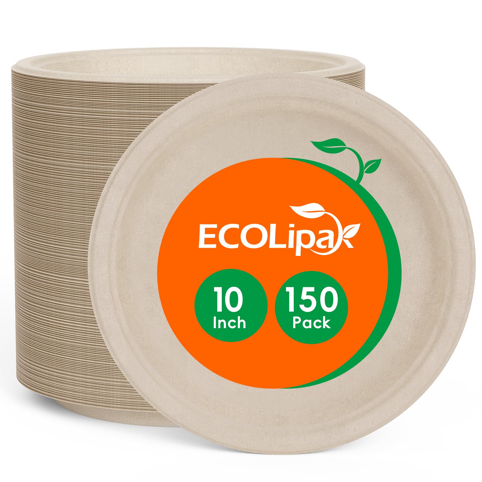 Photo 1 of ECOLipak Paper Plates 10 Inch, 150 Pack Compostable Heavy Duty Disposable Biodegradable Sugarcane Bagasse Eco Friendly Paper Plates for Party Dinner