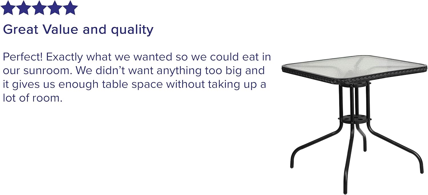 Flash Furniture 28'' Square Tempered Glass Metal Table with Black Rattan Edging : Garden & Outdoor