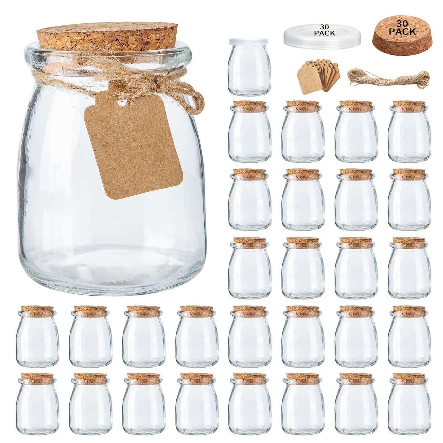 Photo 1 of Brajttt Mini Yogurt Jars 30 Pack, 7 oz Glass Favor Jars with Cork Lids, Pudding Containers with Lids, Mason Jar Wedding Favors Honey Pot with Label Tags and String