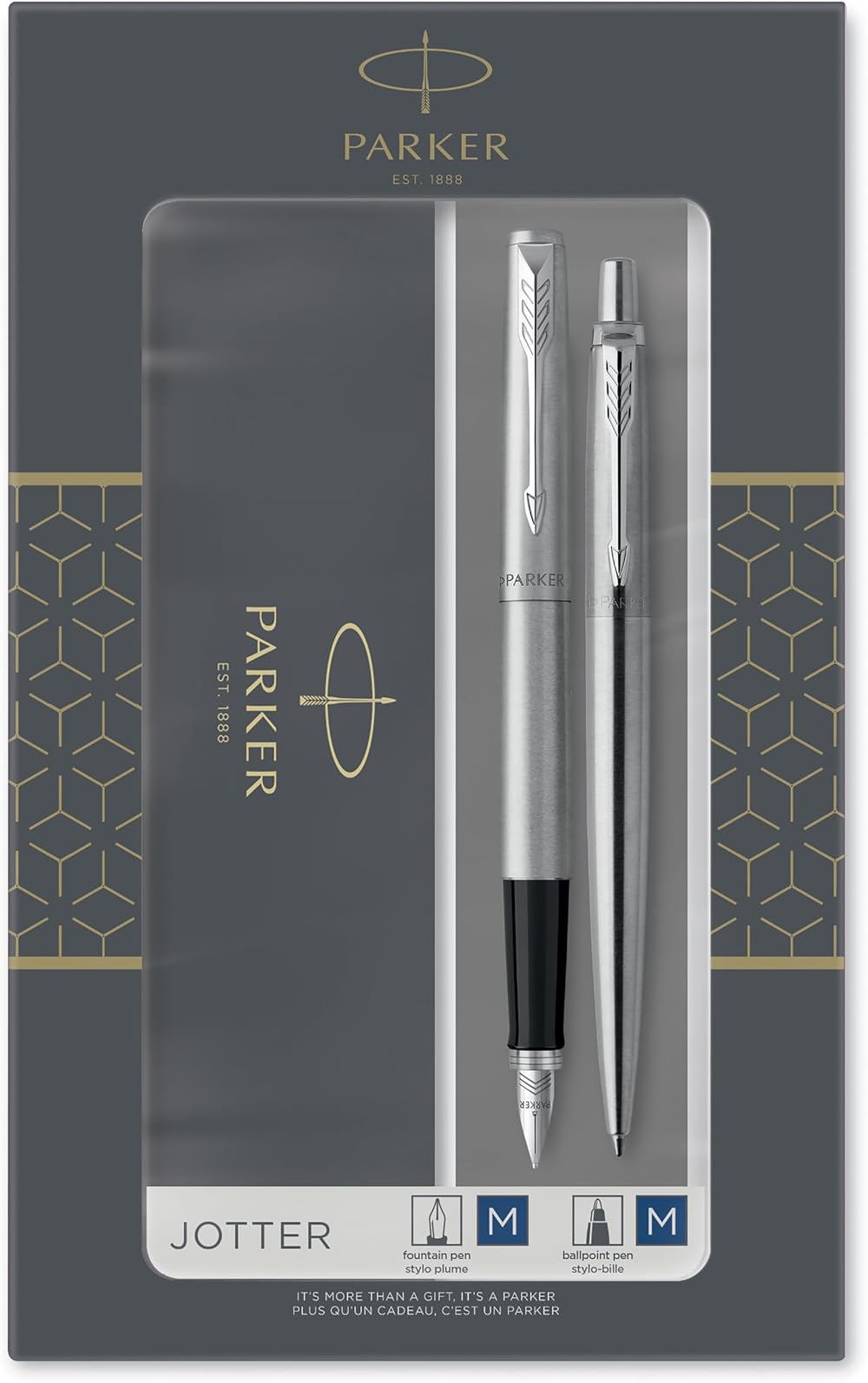 Parker Jotter Duo Gift Set Ballpoint & Fountain Pen Stainless Steel Chrome