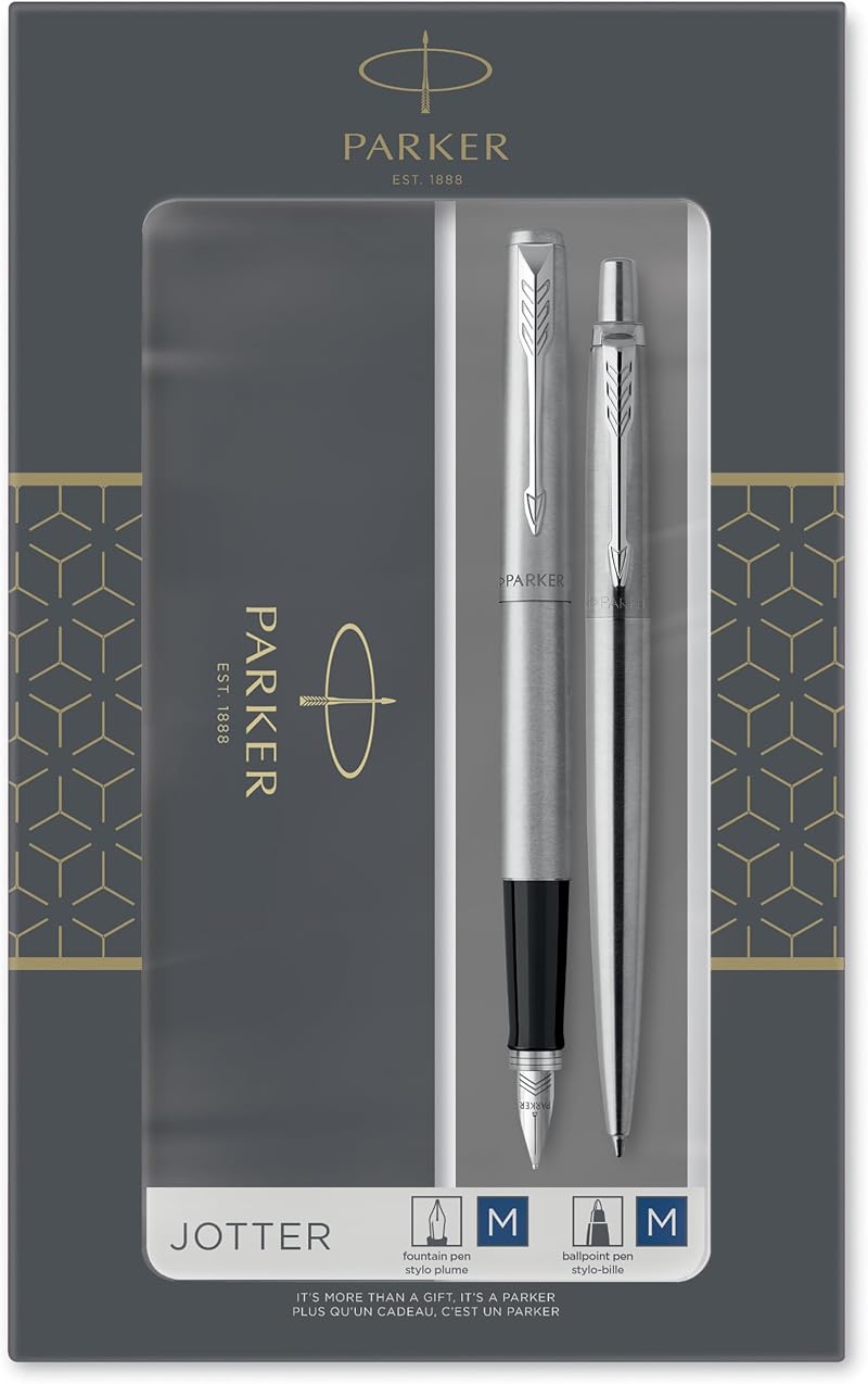 Parker Jotter Duo Gift Set Ballpoint & Fountain Pen Stainless Steel Chrome