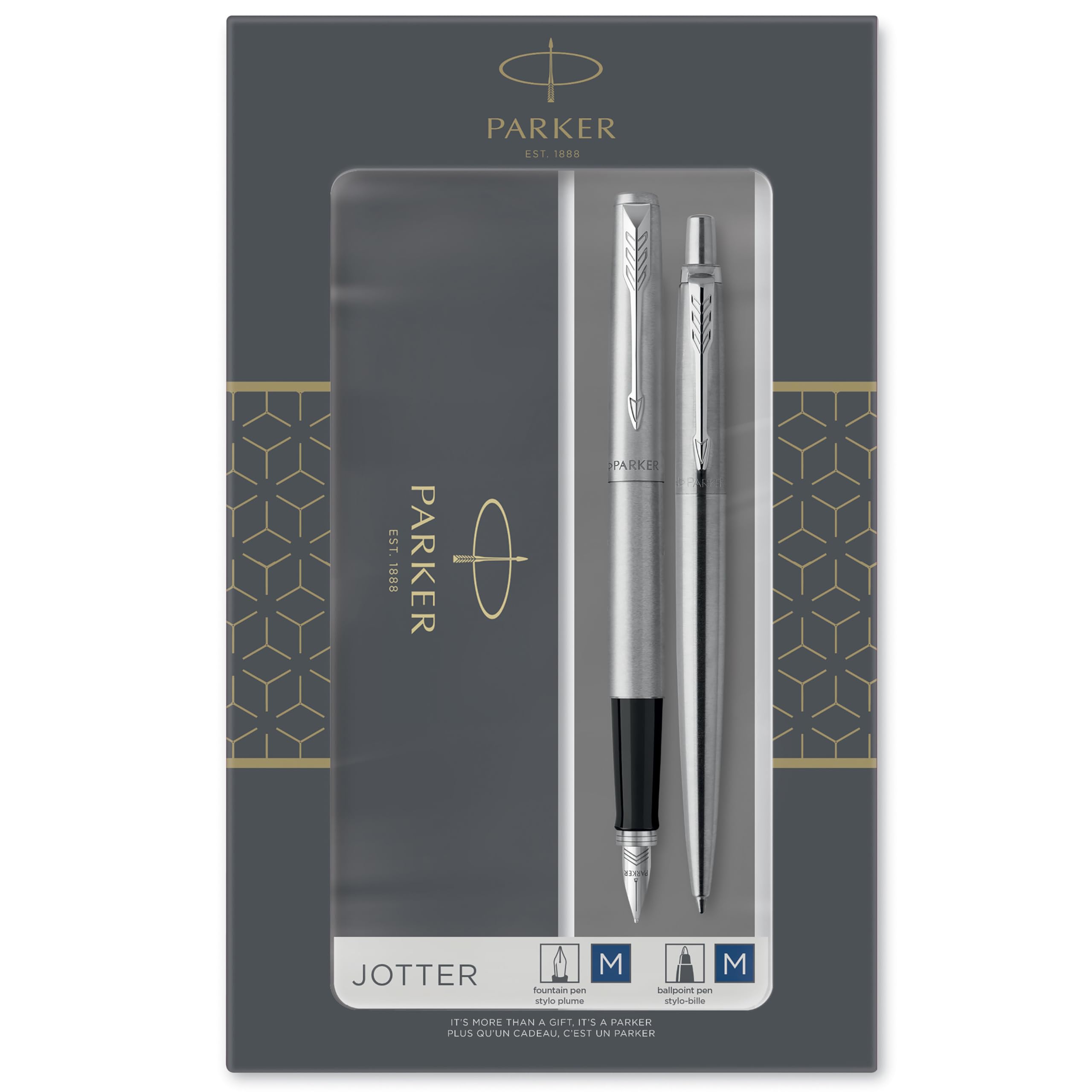 Parker Jotter Duo Gift Set with Ballpoint Pen & Fountain Pen | Stainless Steel with Chrome Trim | Blue Ink Refill & Cartridges | Gift Box