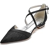 Women's Pointed Toe Lace Wedding Flats for Bride Comfortable Strappy Wedding Shoes Low Heels Cross Strap Bridal Flats Evening Prom Party Dress Shoes Pumps