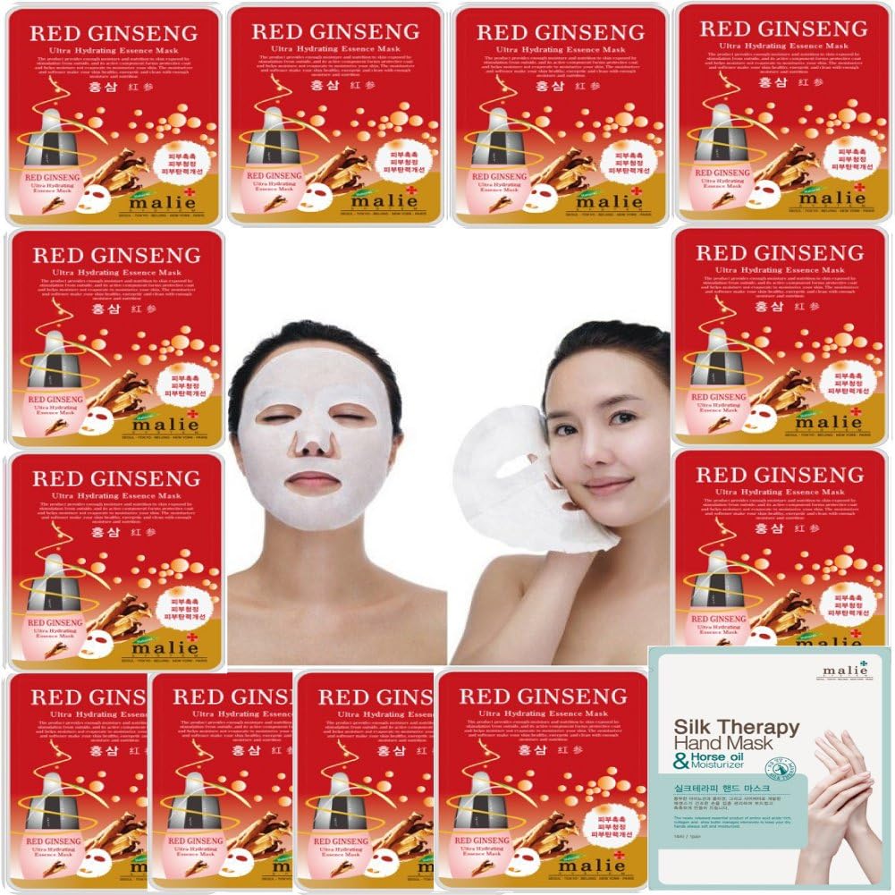 [OBS lab] 12 pcs RED GINSENG Ultra Hydraiting Essence Mask + 1 pcs Slik Therapy Hand Mask, ( 13 pcs Total ), Korean Facial ask Sheet, Skincare Moisturizing …