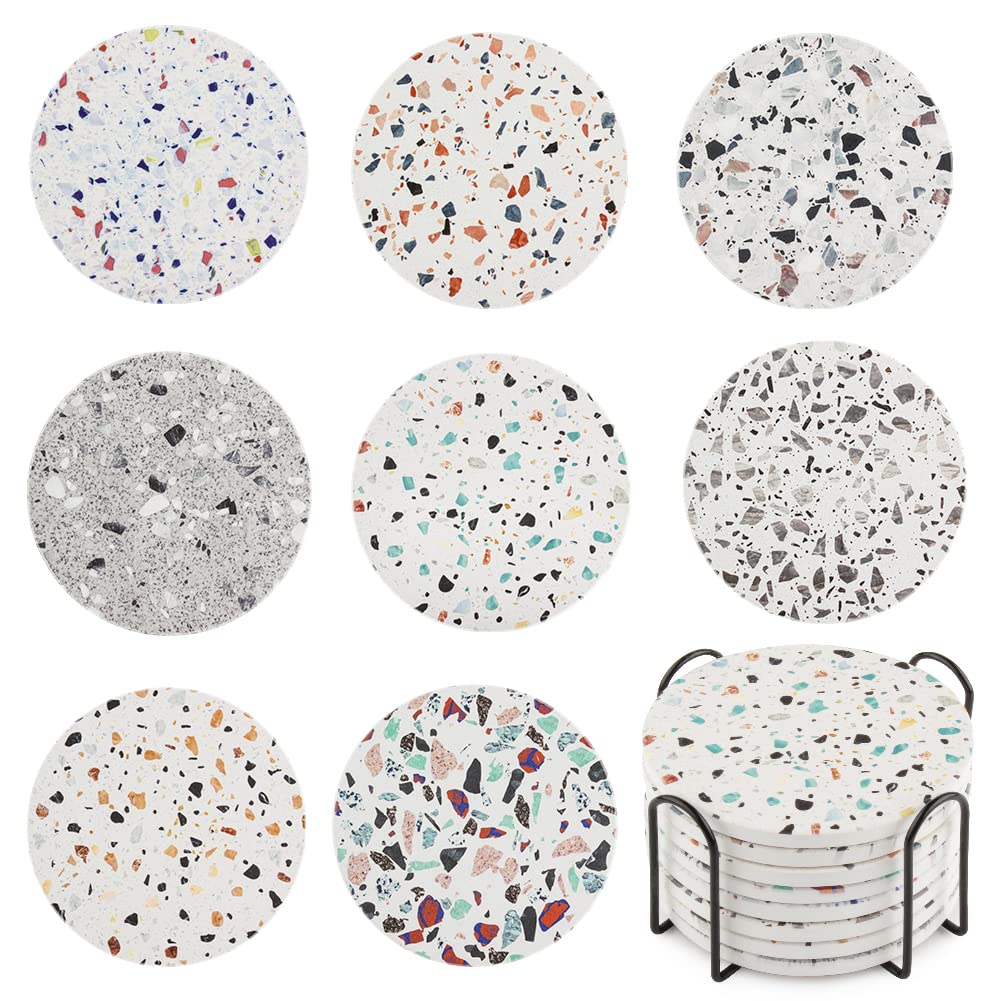 Set of 8 Coasters with Holder,Beautiful Marble-Style Absorbent Round Ceramic Drink Coasters with Cork Base for Coffee Table,Mug,Beer,Wine Glass Bottle,Home and Bar (Marble-Style)