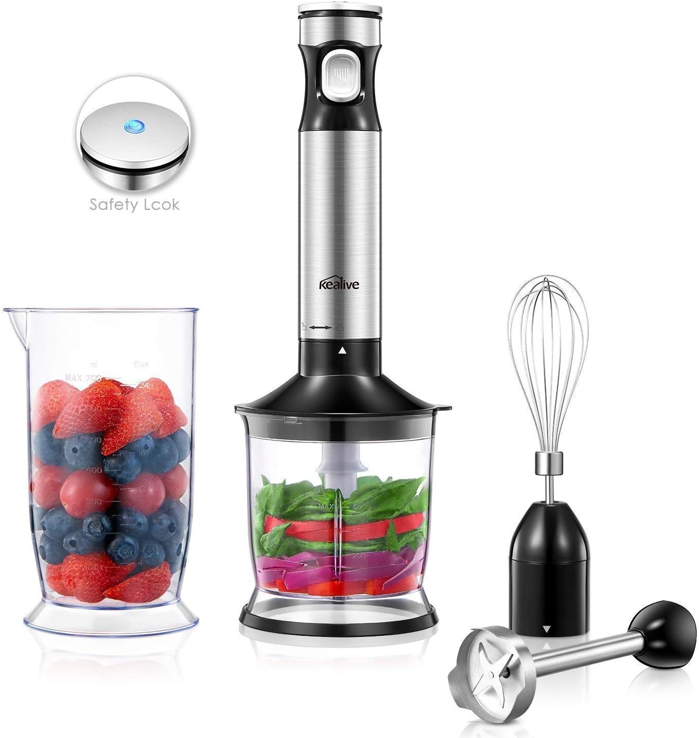 Hand Blender, Kealive Immersion Blender Set with Stepless Speed Control & Safety Child Lock, 4 in 1 Stick Blender with Whisk, Mini Chopper, Blending Beaker, 4 Blades, 1000W, Stainless Steel, BPA Free