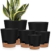 YNNICO Indoor Self Watering Planters with Drainage Holes and Saucers, 8, 7, 6.5, 6, 5.5, 5 Inches, Black, 6 Pots