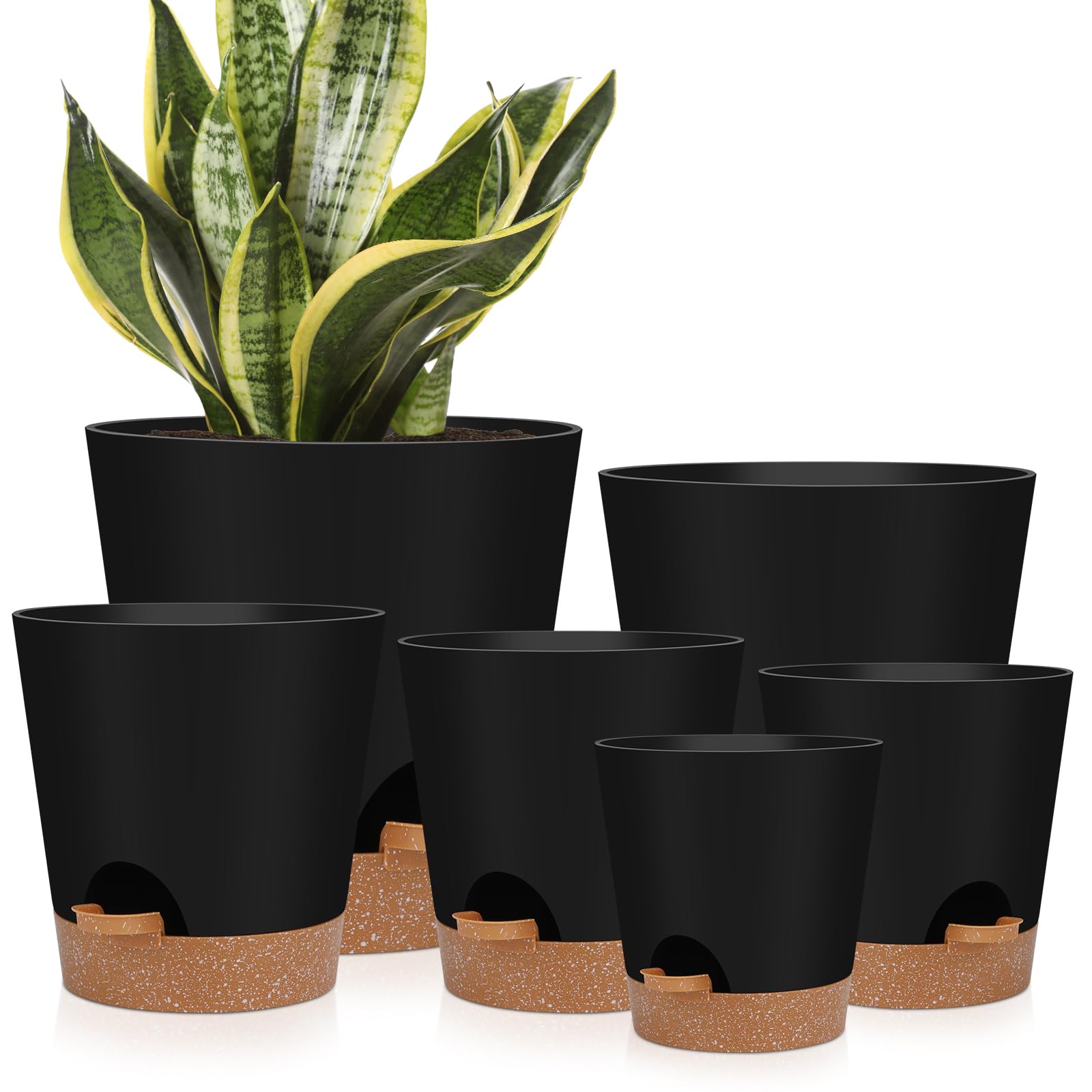 Photo 1 of YNNICO Indoor Self Watering Planters with Drainage Holes and Saucers, 8, 7, 6.5, 6, 5.5, 5 Inches, Black, 6 Pots