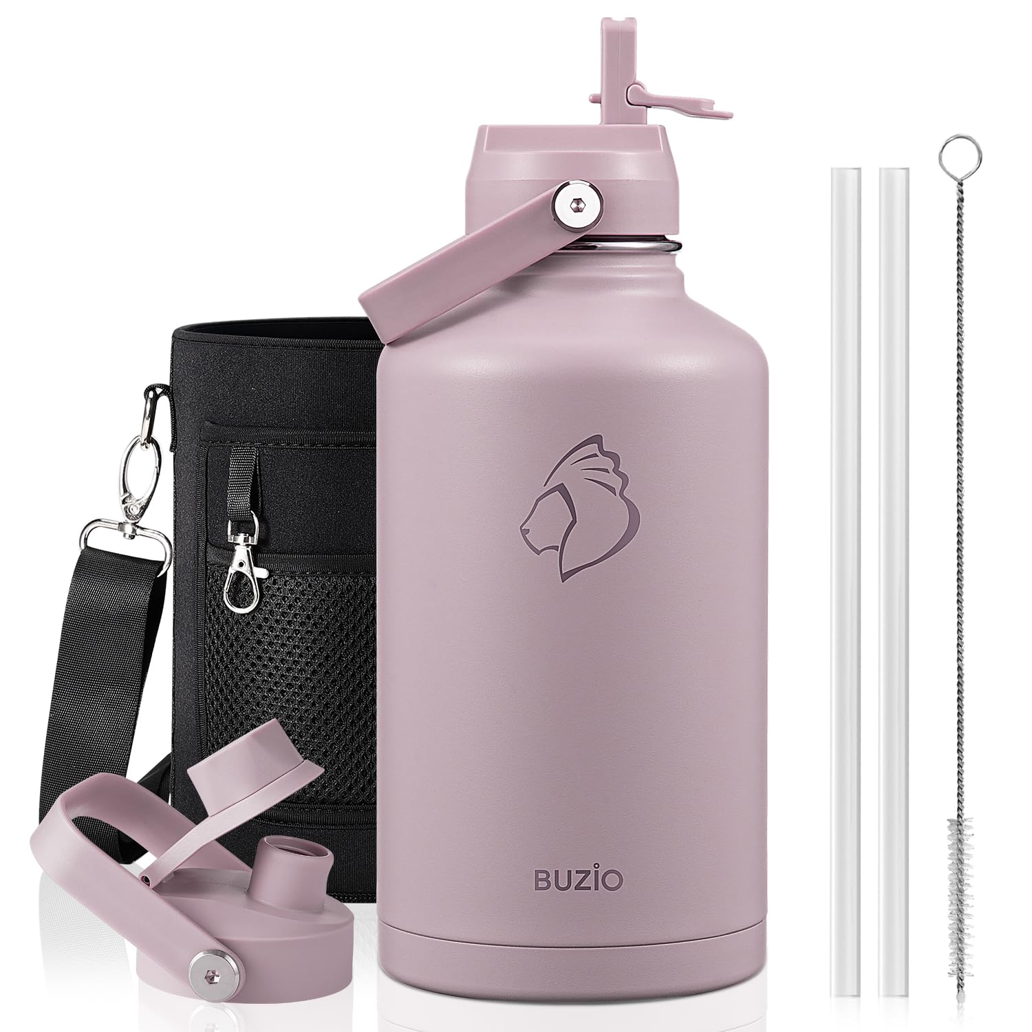 BUZIO 64oz Insulated Water Bottle, Half gallon Stainless Steel Jug (Cold for 48 Hrs), Triple Wall Vacuum Large Metal Flask with Leakproof Straw Lid and Carry Sleeve, Purple Image