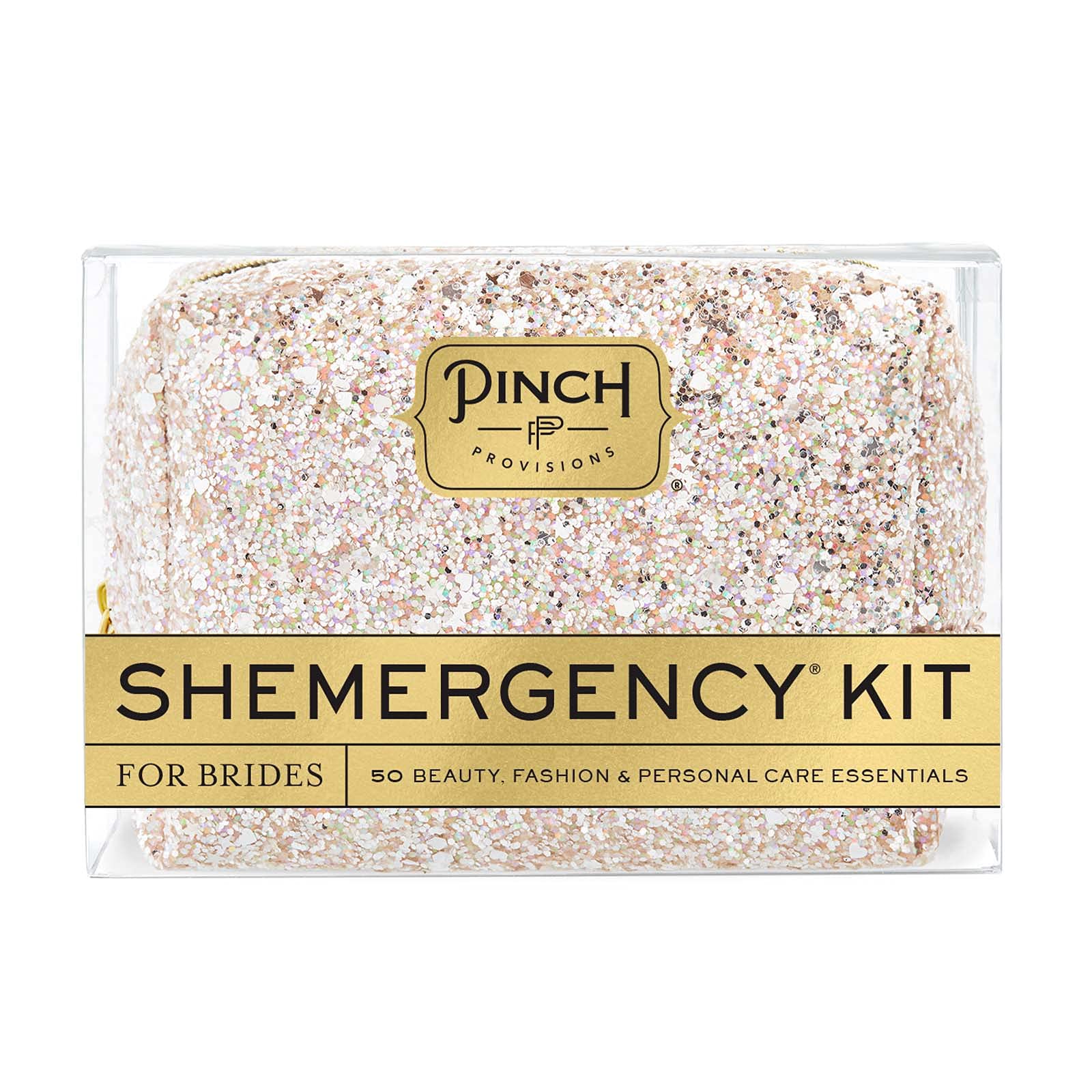 Pinch Provisions Brides Shemergency Kit, 50 Must-Have Emergency Essential Items for The Wedding Day, Chic Mid-Size Multi-Functional Pouch, Perfect Survival Kit for Wedding Party (Pink Diamond)