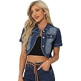 Allegra K Casual Denim Jacket for Women's Turndown Collar Short Sleeves Crop Jean Jackets