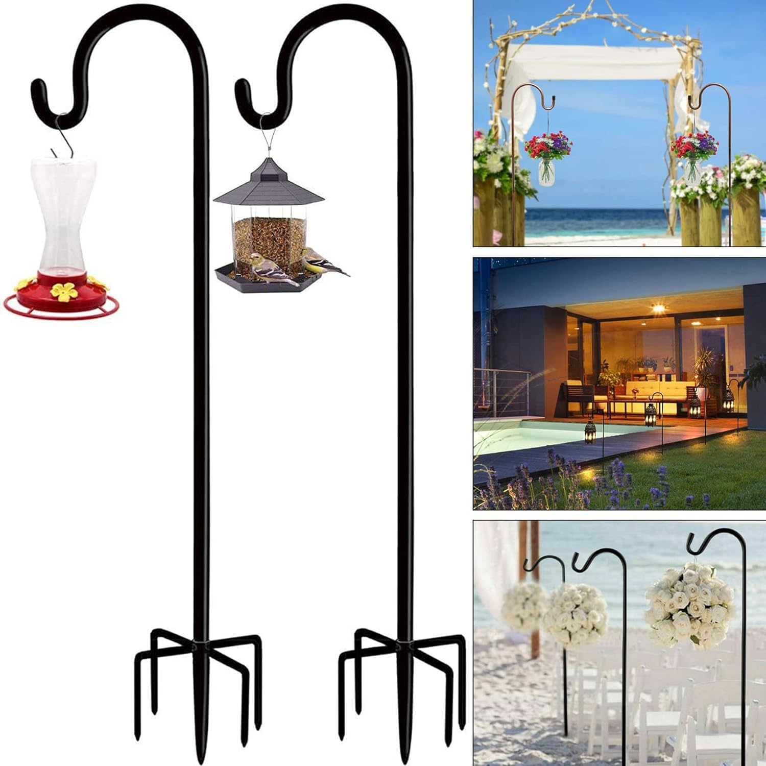 Outdoor Shepherd's Hooks - NMM Outdoor Shepherd Hook with 5 Prong Base, 37.8 Inch Tall, Adjustable Heavy Duty Garden Hanging Stand Holder for Hanging Solar Light, Bird Feeders, Lanterns, Mason Jars, and Wedding Decor(2 Pack)