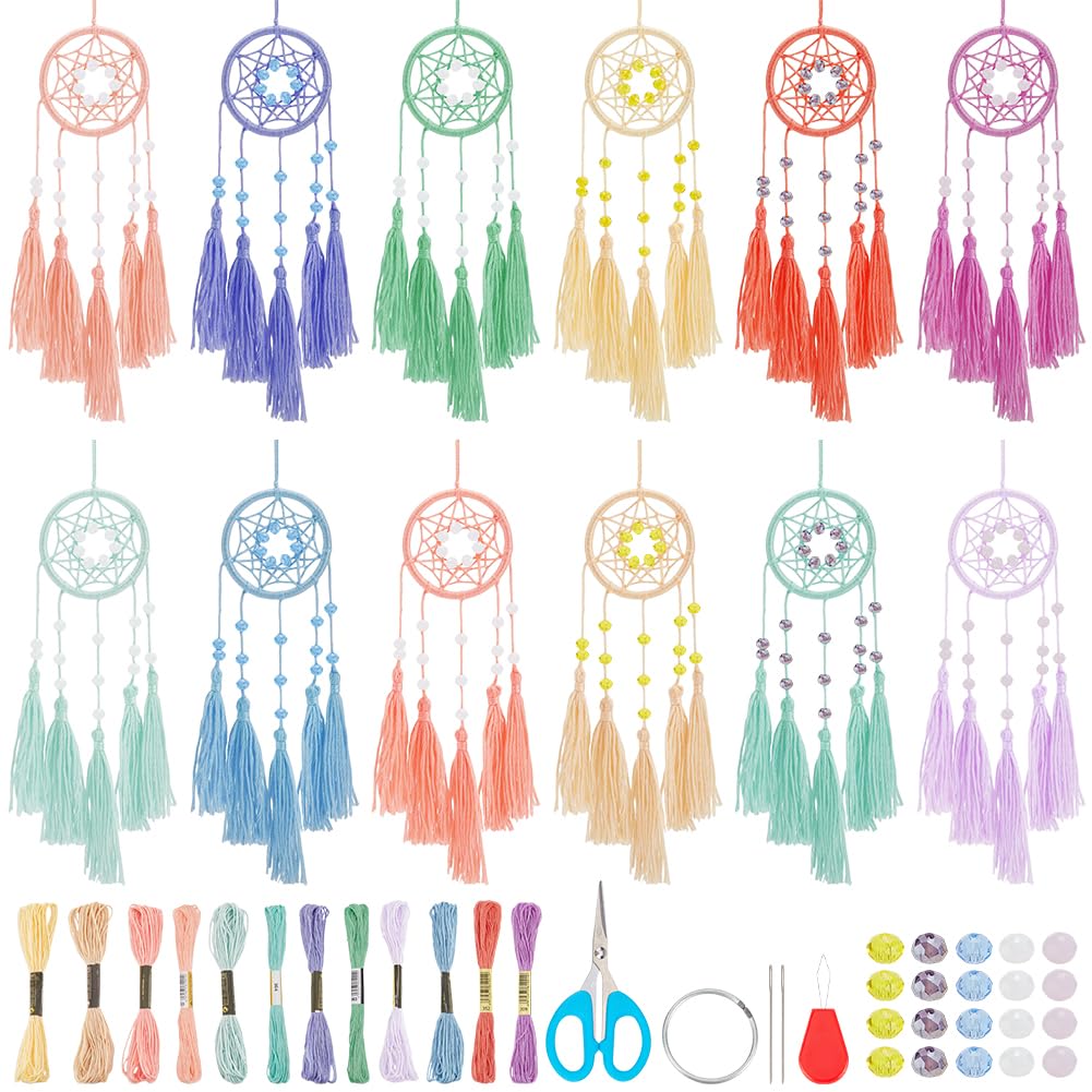 INFUNLY 12 Set Boho Small Dream Catchers Bulk DIY Mini Dream Catcher Kit Double Winding Make Your Own Dream Catcher Kit for Adults with Instruction for Bag Pendant Car Mirror Decor Backpack Charm