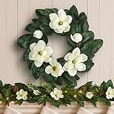 24 Inches Christmas Magnolia Wreath Artificial White Magnolia Christmas Decoration Farmhouse Greenery Wreath for Front Door Wall Home Window Holiday Outdoor Xmas Decor Entryway Patio Porch Garden