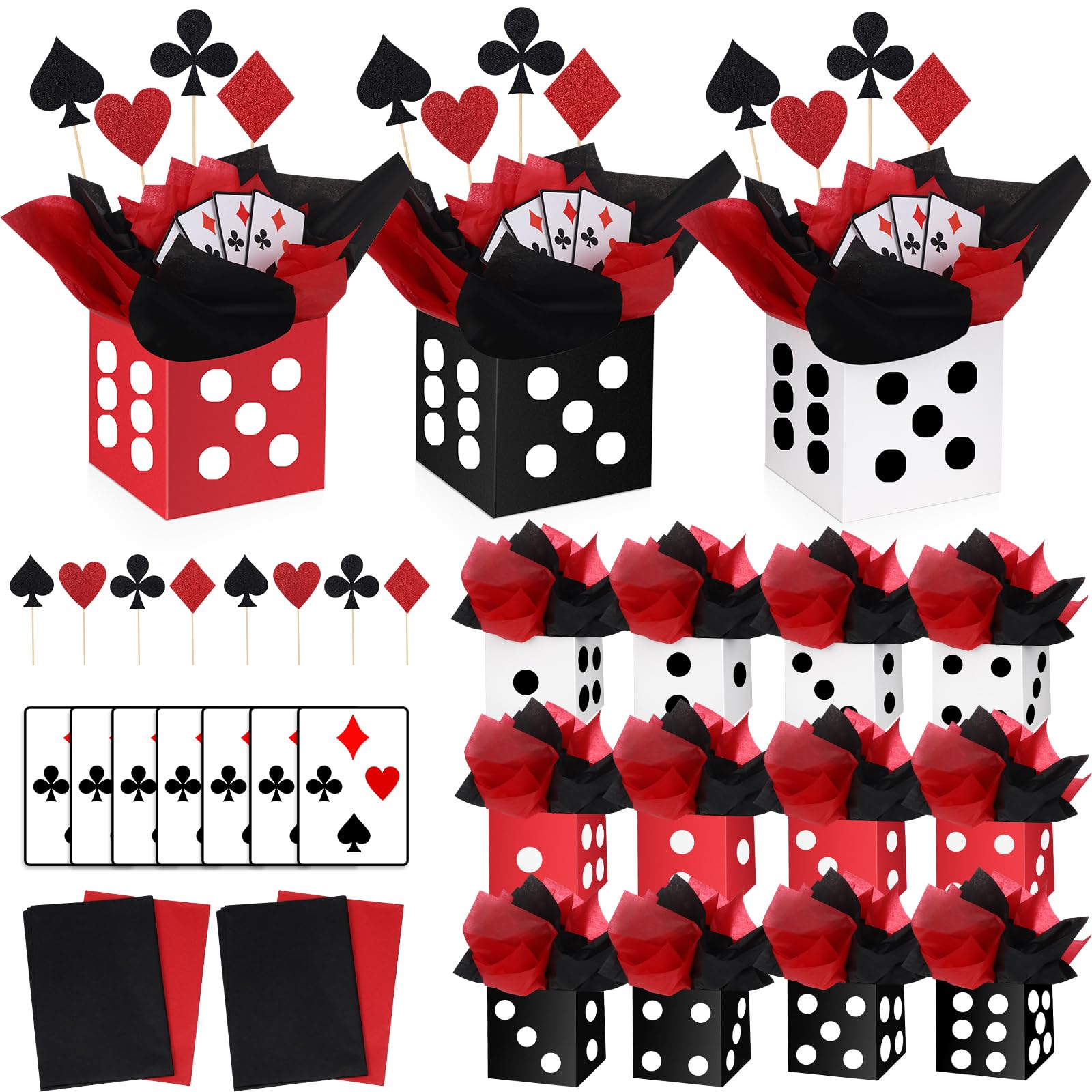 Photo 1 of WinnerWhy 12 Sets Casino Party Decorations Themed Table Centerpieces Casino Night Table Party Toppers with White, Black, Red Dice Box Poker Cutouts and Sticks for Night Decor Birthday