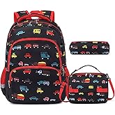 mygreen 3PCS Kids Backpack Set - Waterproof Bookbag with Lunch Box for Boys Ages 3-12, Adorable Cartoon Prints for School & Outdoor Use Black Red Car