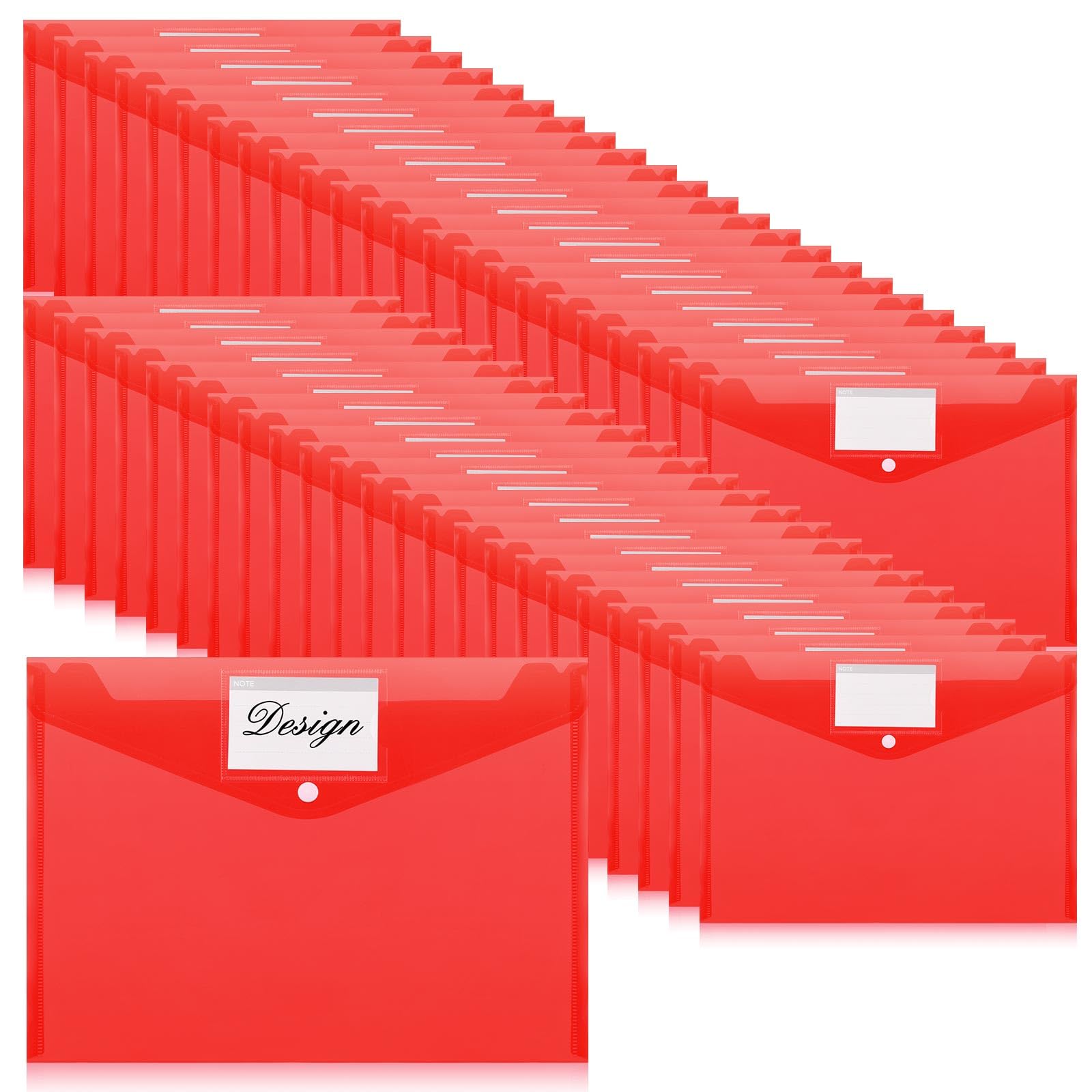 Photo 1 of Lincia Plastic Envelopes A4 Size Poly Envelopes File Folders Work Document Holder Office Paper Plastic File Organizer with Label Pocket Snap Button Home Bag for School (Clear Red,48 Pcs)