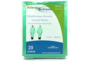 ALLERGY BE GONE Reusable Isolation Gowns - Fluid Resistant Polyester Non-Disposable Gowns for Medical Facilities - Protective Washable PPE Gowns for Dental, Testing Lab, Hospital Use - One Size Unisex Green 20-Pack