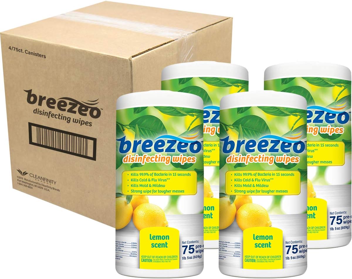 Breezeo Disinfecting Wipes, Lemon Scent, 75 Count, Pack of 4