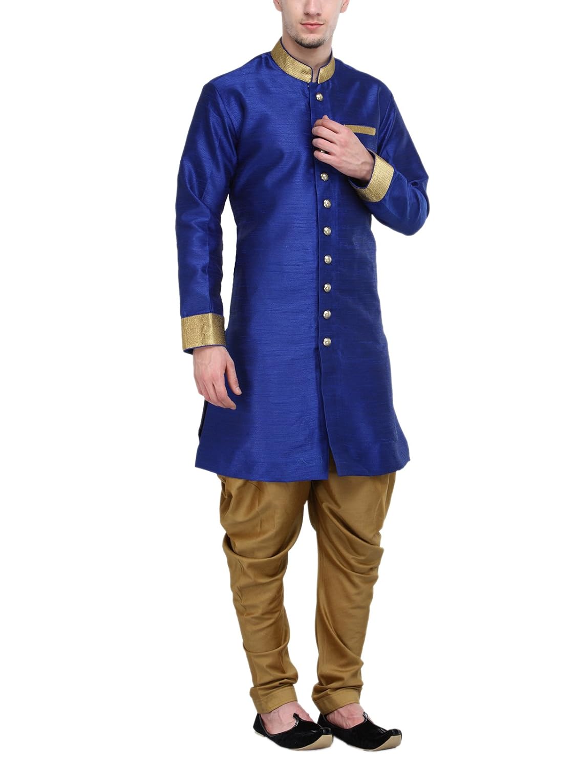 rg designers royal blue and gold plain sherwani for men