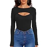 WXXYCS Sexy Cut Out Long Sleeve Tops for Women, Round Neck Ribbed Knit Fitted Tee T-Shirt,Open Chest Design for Going Out Tee