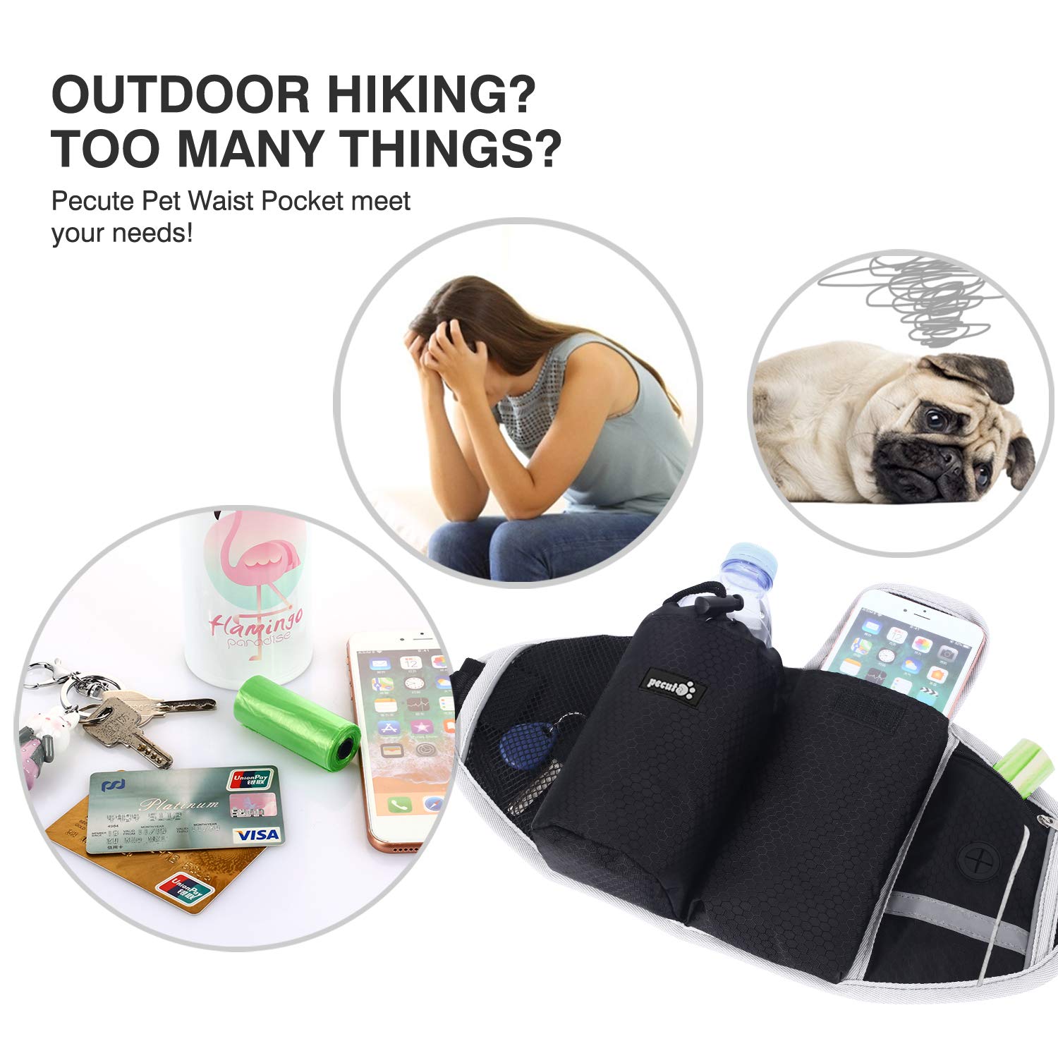 Pecute Hands-Free Dog Leash with Pouch, Comfortable Shock Absorbing Bungee Dog Waist Leash for Running Walking & Jogging, Great for Medium & Large Dogs up to 220lbs, Dual Handle