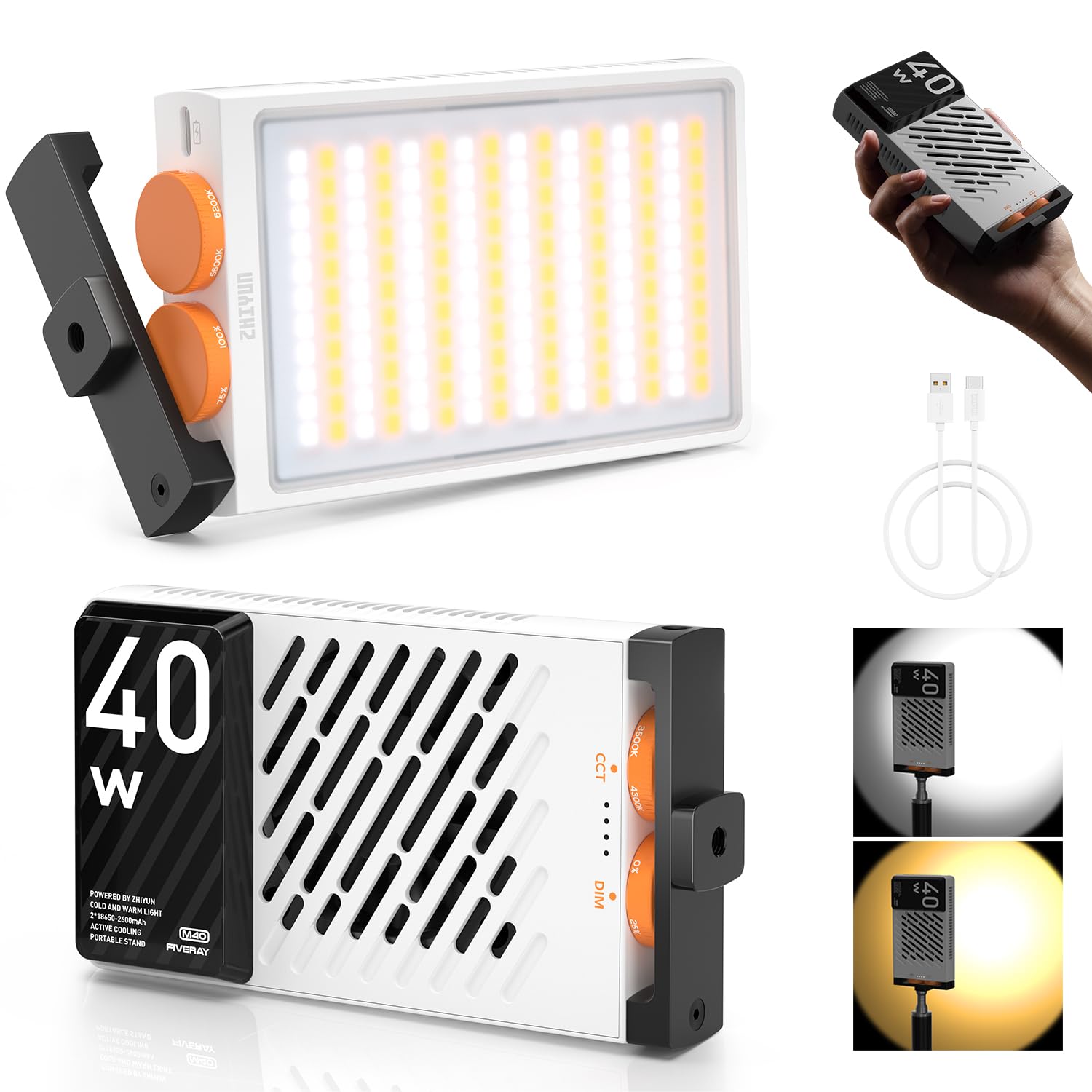 ZHIYUN FIVERAY M40 [Official] Video Light 40W Portable Camera Light, 14000 Lux, CRI/TLCI 96+ 2700-6200K, 320g LED Panel DSLR Photography Lighting Pocket Fill Light for YouTube TikTok Livestream