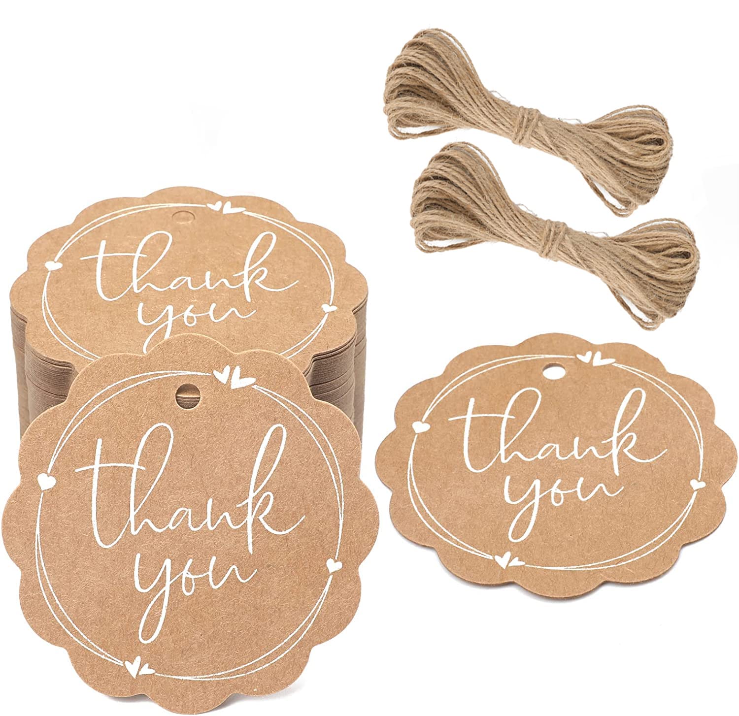 G2PLUS 100PCS Scalloped Thank You Tags with String - Brown High-end Hang Labels for Gifts, Craft Projects, DIY Wedding Favors - 300g/m² Personalised