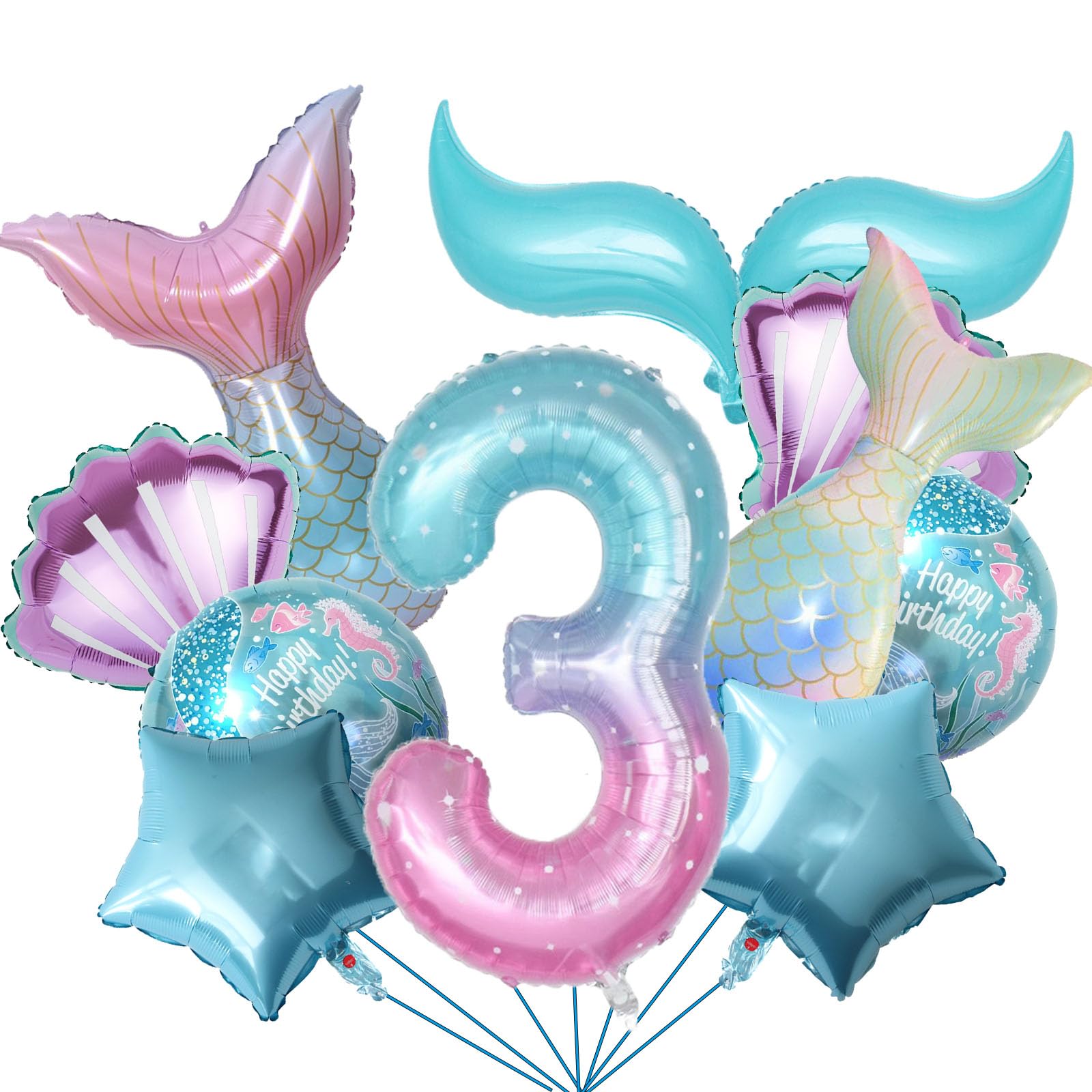 Photo 1 of 11pcs Mermaid 3th Birthday Decorations Mermaid Tail Balloons Seashell Balloons Birthday Party Decor Supplies