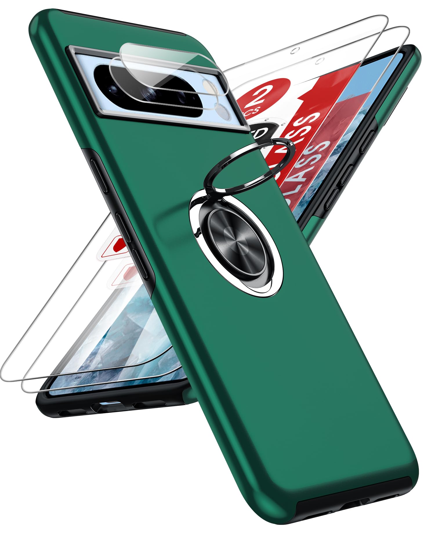 LeYi for Google Pixel 8 Pro Case: and 2 Tempered Glass Screen Protector &2 Camera Lens Protector, with 360 Ring Holder Stand Phone Cover for Pixel8 Pro Green