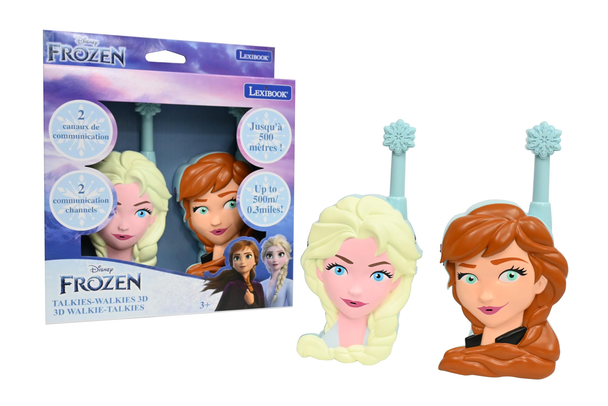 LEXIBOOK, Frozen, Anna and Elsa 3D Walkie-Talkies, 500m Range, 2 Communication Channels, Belt Clip, Blue, TW18FZ