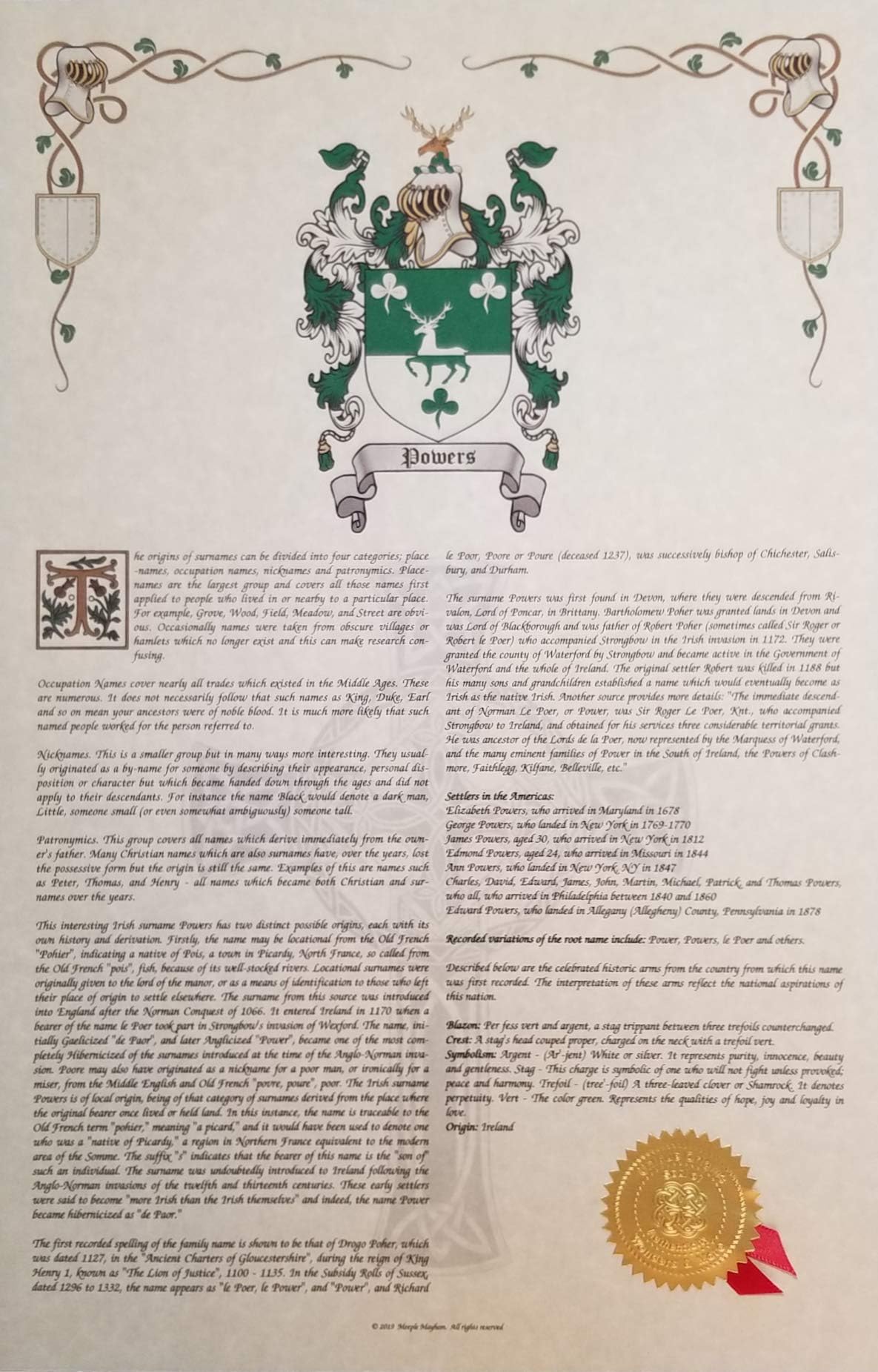 Funk Coat of Arms, Family Crest & History 11x17 Print - Name Meaning Plus Genealogy, Family Tree Research - Surname Origin: Germany/German