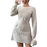 GORGLITTER Women's Floral Sweater Dress Long Sleeve Crew Neck A Line Fall Winter Knit Mini Dresses 2025