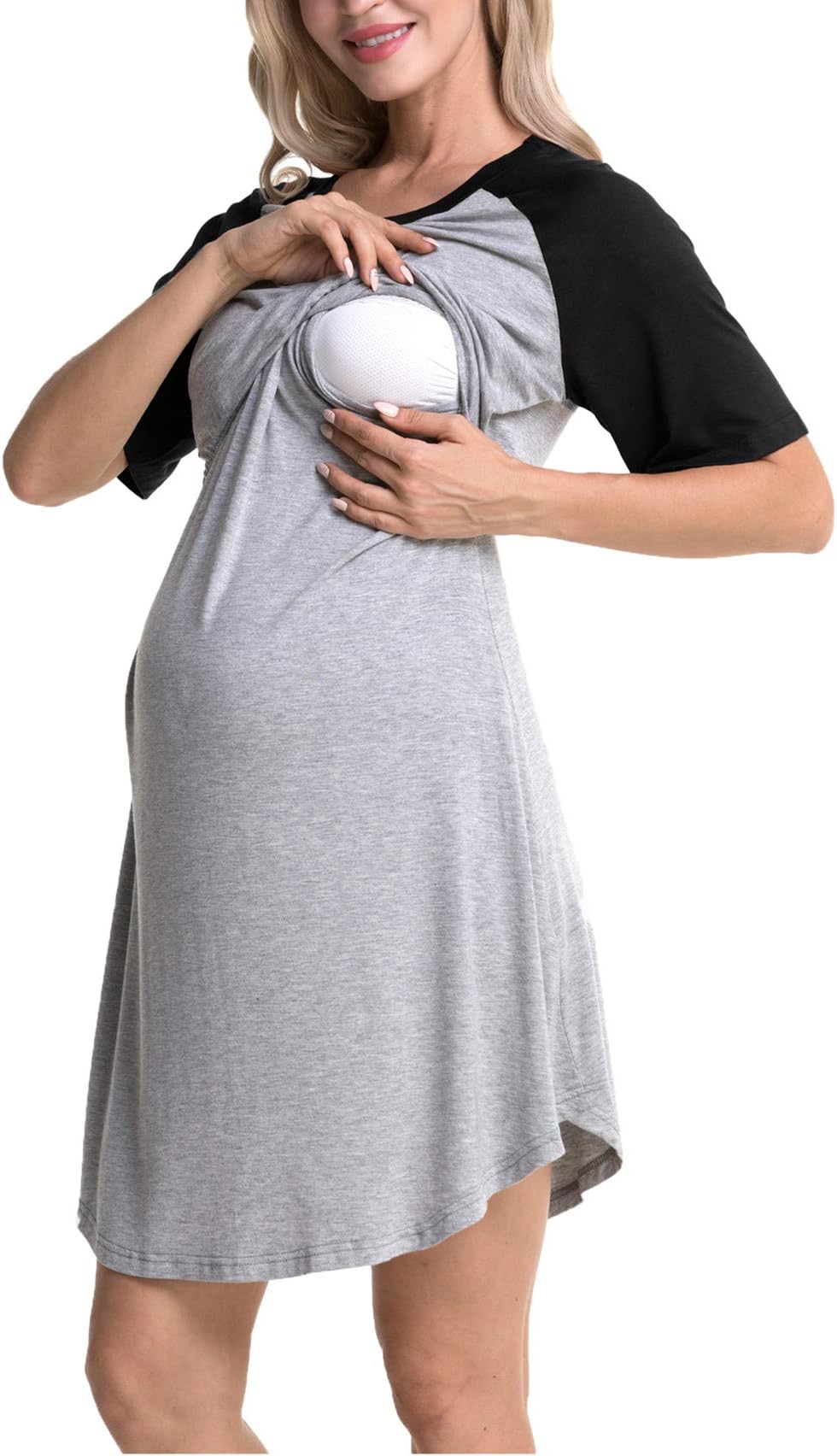 Odosalii Women's Maternity Dress Pregnancy Nightwear Double Layers Nursing Dress Breastfeeding Nightgown